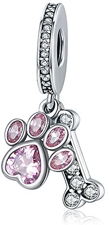 LaMenars Charms Pink Paw Dangle 925 Sterling Silber Hundeknochen Anhänger Bead mit Zirkonia passt Europa Charm Armband Halskette, Geschenke für Frauen Mädchen