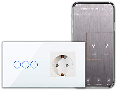 CNBINGO Smart Touchschalter mit Schuko Steckdose unterputz mit Glasrahmen, WLAN Lichtschalter Arbeit mit Alexa, Google Assistant, Wandschalter dreifach in Weiß, Ohne Neutralleiter