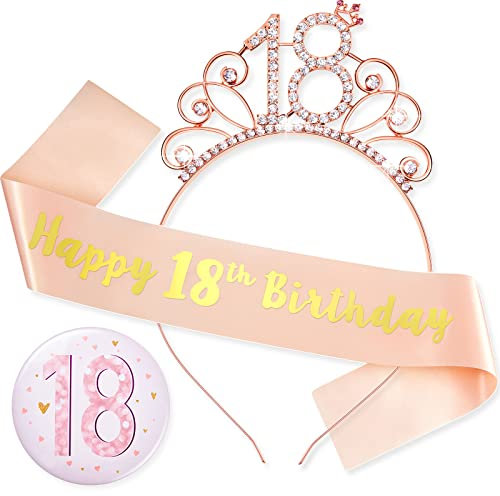 Chuangdi 3 Stück 18. Rose Gold Geburtstag Dekoration Set Rose Gold Happy 18th Birthday Schärpe 18. Geburtstag Strass Tiara Krone Stirnband Nummer 18 Abzeichen für Mädchen 18. Geburtstag Partyzubehör