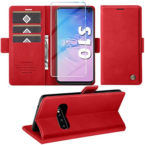 für Samsung Galaxy S10 Hülle mit Schutzfolie, Handyhülle Galaxy S10 Standfunktion Kartenfach Wallet Premium Leder Schutzhülle S10 Flip Case Cover Stoßfeste Klapphülle (Rot)