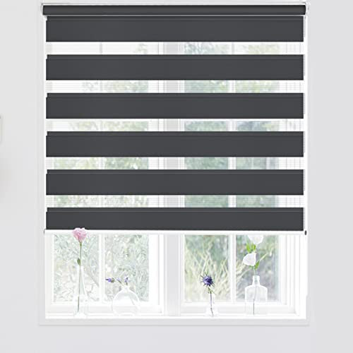 Kokorona Day and Night Zebra Roller Blinds, Dual Layer Fabric Zebra Window Blinds for Bedroom, Light Filtering Privacy Day Night Blinds, 55cm Wide x 150cm Length, Dark Grey