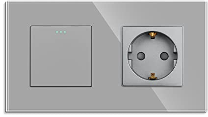 JIMEIDA Interruptor de luz con enchufe Schuko gris empotrado, 1 vía con placa de cristal, moderno interruptor basculante de pared, con puntos fluorescentes, 10 A, 250 V