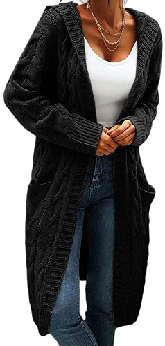 GeGekoko Cardigan da donna con cappuccio, manica lunga, cardigan in maglia grossa, aperto sul davanti, maglione casual autunnale e invernale con tasche, Nero, S