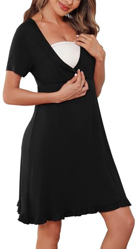 Bresdk Chemise de Nuit Allaitement Femmes Enceintes à Manches Courtes Nuisette Allaitement Coton Robe Maternité à Volants Col V Vêtements de Nuit, Manche Courte - à Volants - Noir, XL