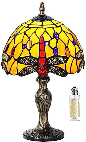 MIAOKE Tiffany Style Tischlampe, VintageTischlampe Handcraft Glasmalerei Lampenschirm Tischlampen für Schlafzimmer Nachttischlampe Arbeitszimmer Office (Orange-Libelle)