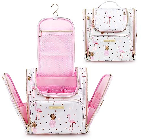 Kulturtasche zum Aufhängen für Damen, Lychii Reise Kulturbeutel Kosmetiktasche, Make up Tasche Waschtaschel Organizer, Wasserdichter Hygienebeutel - Flamingo