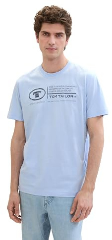 TOM TAILOR Herren Basic T-Shirt mit Print aus Baumwolle, windsurf blue, L