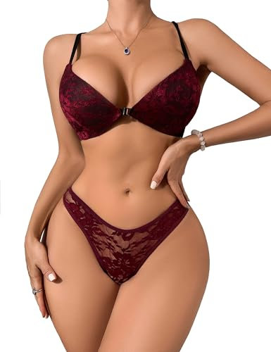 YCAngela Sexy Lace Floral Padded Bra and Knicker Sets for Women, Strappy Bras & Thong Panties Lingerie Set Wine Red M