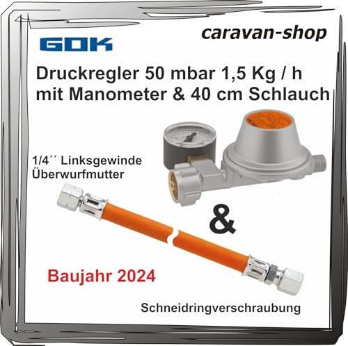 Druckregler für Caravan Wohnmobil 50 mbar Manometer + Schlauch 40cm Propan Gas