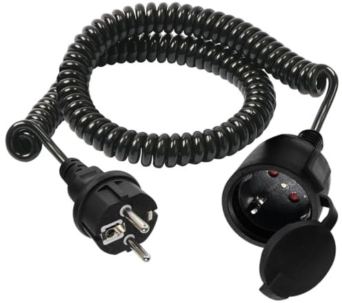 HuaLiSiJi Prolunga Estensibile a Spirale 16A 250V Cavo Spiralato Schuko 0.6m a 1.5m Max, Cavo di Prolunga con Spina di Protezione IP44, per Esterno o Interno, Casa, Ufficio (Nero, 1.5 m)