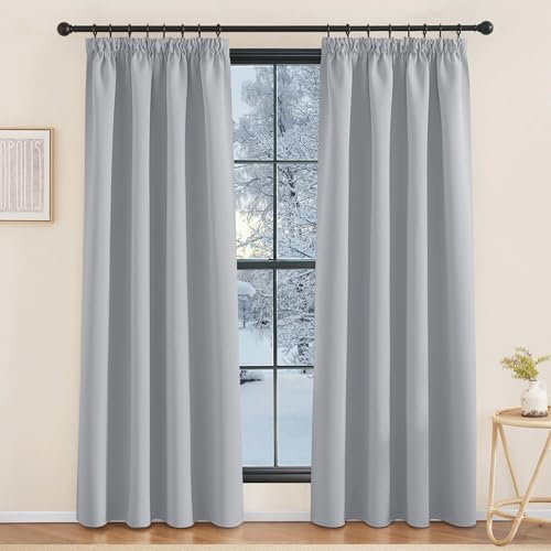 KGORGE Thermo Gardinen Blickdicht Kräuselband Wohnzimmer 2 Stücke 220 x 140 cm(HxB) 75%-80% Verdunkelnde Vorhänge Verdunkelungsvorhang Thermovorhang Kälteschutz, Hellgrau