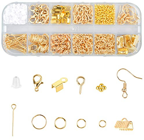 Schmuckherstellung Set, 800 Stk Schmuck Basteln zubehör Starter Kit mit Sprung Ringe und Karabinerverschluss Ohrringhaken usw, für DIY Bastelbedarf und Reparatur Halskette, Armband, Ohrringe (Gold)