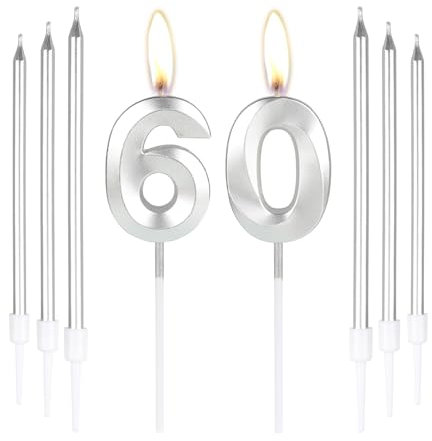 mciskin Silver 60 Birthday Candles-3D Number 60 Candle for Cake with 6pcs Long/Thin Candles Set,Silver Cake Topper for Women Men 60th Birthday Decorations Supplies,60th Wedding Anniversary Décor