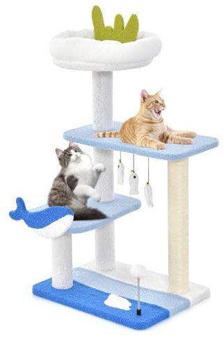 GYMAX Cat Tree, Multi-Level Cats Tower with Scratching Posts, Top Perch & Hanging Toys, Ocean-themed Kittens Activity Centre for Climbing, Scratching and Sleeping (93cm Tall)