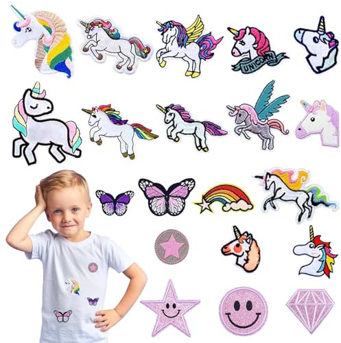 VAVICRAP Einhorn Aufbügelflicken 20 Stück Bügelpatch Mädchen Einhorner Bügelbilder Flicken Aufbügeln Mädchen Einhorn Bügelflicken Aufnäher Patches Kinder für T-Shirt Jeans Kleidung Taschen Mützen