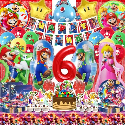 DLLFFB Super Mrio Geburtstag Deko 6 Jahre, Diverse Stile Super Mrio Ballon 6 Jahre, Mrio Kindergeburtstag Party Deko Set, Hübsch Mrio Tischdeko Geburtstag Szenen (Rot Super Mrio Luftballon 6 Jahre)