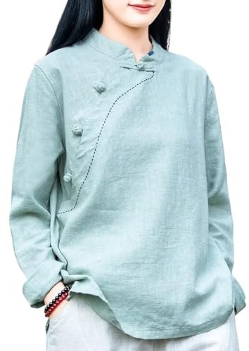 Chemisier Traditionnel Hanfu Pour Femmes Hauts Chinois De Style Ethnique Rétro Grande Taille Chemise Ample Et Décontractée En Coton Et Lin 2024 (Color : Green, Size : M)