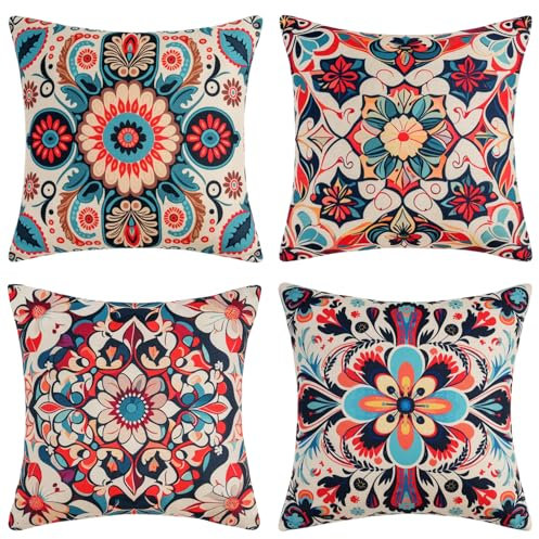 Boho Kissenbezug Retro Ethno Bunt Floral Bohemian Mandala Bauernhaus Dekorative Kissenbezüge 45x45 4er Set Leinen Kissenhülle für Sofa Couch Bett Garten Outdoor Home Decor