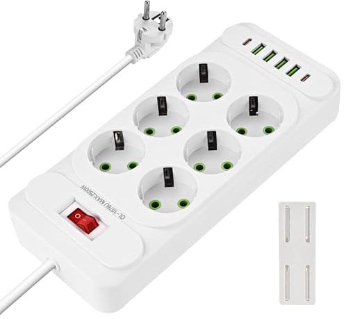 Herboom Steckdosenleiste 12 n 1 Mehrfachsteckdose mit USB, 2500W Steckerleiste mit Schalter, 6-Fach Steckdosen und 4 USB Anschluss und 2 Typ C mit 2M Verlängerungskabe mit Streifenhalter