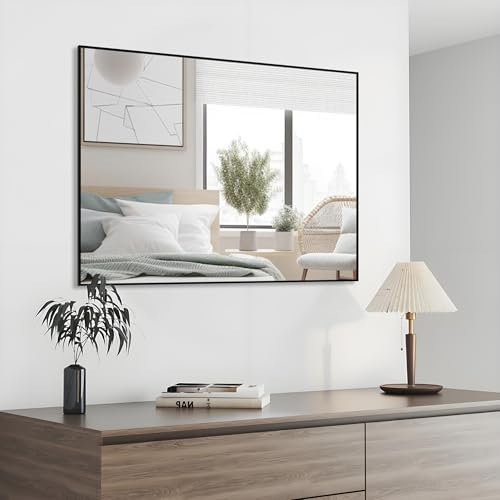 WONSTART Espejo de Pared Negro, Espejo de Pared Rectangular con Marco de Aluminio, Espejo de baño de Metal Moderno 56x76 cm para baño, Dormitorio, Sala de Estar, Colgante Horizontal o Vertical