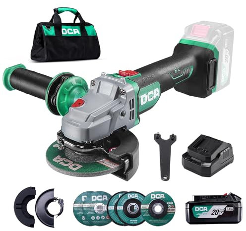 DCA Smerigliatrice Angolare a Batteria Brushless 20V, Ø125mm, incl. Batteria 4.0Ah & Caricabatterie Rapido, 8500 giri/min. con Coperchio a Sgancio Rapido, 6 Dischi per Taglio, Smerigliatura