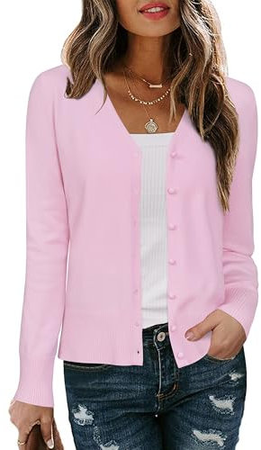 Arach&Cloz Strickjacke Damen V Ausschnitt Leichte Cardigan Langarm Solid Top Shrugs mit Knopf(Light Pink,S)