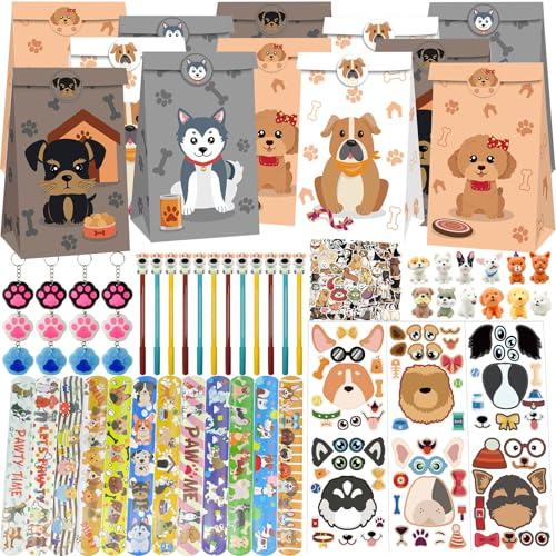 NlsqEU 122 Stück Hundeparty-Geschenke, Hunde-Geburtstagsdekoration, Zubehör als Stift, Geschenktüten, Armband und Schlüsselanhänger, Aufkleber