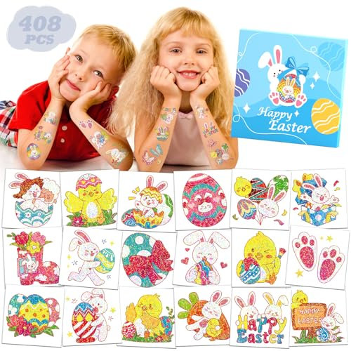 Leesgel Ostern Tattoo Kinder, 408 Stück Ostern Glitzer Tattoos mit Verpackung, Ostern Dekoration Kinder, Ideal für DIY, Ostereier Füllung, Ostereiersuche, Ostergeschenke Kinder