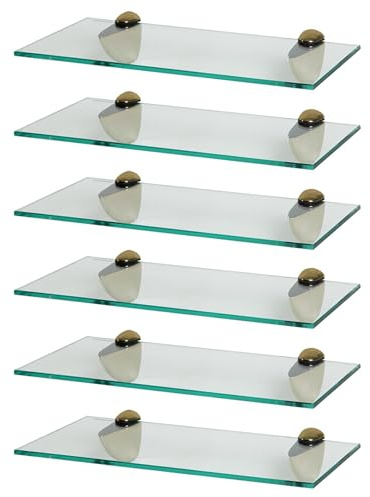 Harbour Housewares Floating Glass Bathroom Shelves - 40cm - Clear/Gold - 6x Wall-Mounted Kitchen Bedroom Shower Room Décor Caddy Towel Storage Organiser Shelving Rack with Brackets