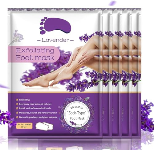 Foot Peeling Mask 5 Pack, Foot Peel Mask Gently Exfoliates Dead Skin, for Rough Dry Heels & Calluses, Dry Skin Moisturizer for Soft, Smooth-Looking Feet (Lavender)