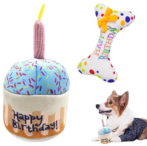 Plüsch Hundespielzeug Set, Kuchen und Knochen Weiches Plüsch Hundespielzeug, langlebiges Kauspielzeug für langlebiges Kauspielzeug Hund Geburtstag Spielzeug für Welpen, kleine bis mittelgroße Hunde