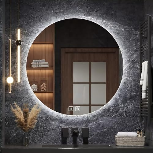 Badezimmerwandspiegel rund 80 cm LED Beleuchtet - ANTI-FOG - 3 Leuchtfarben, Spiegel mit Farbeinstellung und Helligkeitseinstellung - Einstellungsspeicher - IP44 - groß modern für Badezimmer