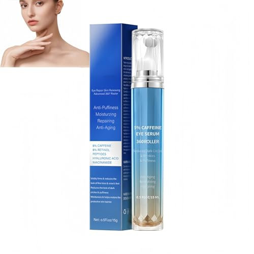 Augenserum gegen Augenringe & Tränensäcke – Mit 5% Koffein, 8% Retinol, Hyaluronsäure & Niacinamid – Anti-Aging Pflege mit 360° Kühl-Roller – Für alle Hauttypen – 15ml
