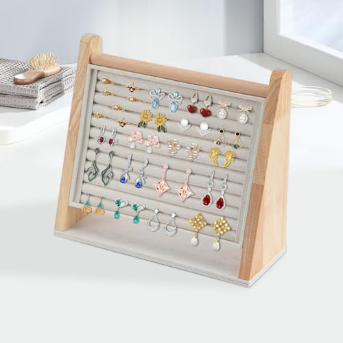 CROWNSHOP Jewellery Stand Vertical Solid Wooden Jewelry Storage Stand Large Capacity Hanging Organizer Display Board Rack with 10 Strip Slots for Chest Pin Earrings Jewelry Ring Small Ornament