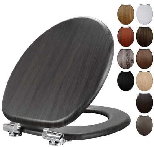 Fanmitrk Wooden Grey Toilet Seat with Soft Close Adjustable Solid Hinges, MDF Wood Oval Toilet Seat (JHE151-3A-01)
