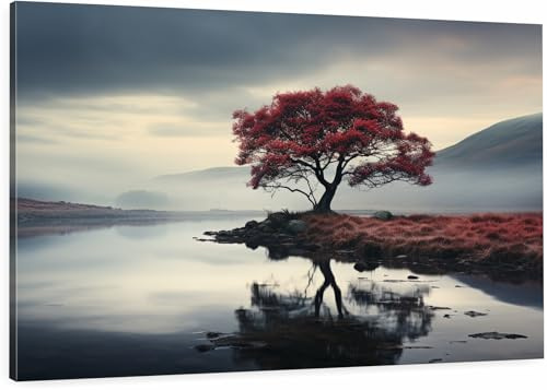 HUBDECO Leinwand Bilder Wohnzimmer - Bilder, Poster, Kunstdrucke - Leinwandbild - Bild auf Leinwand - Tolle Zimmerdekoration - Schlafzimmer Bilder - 120x80cm - Sakura-Baum Natur Nebel