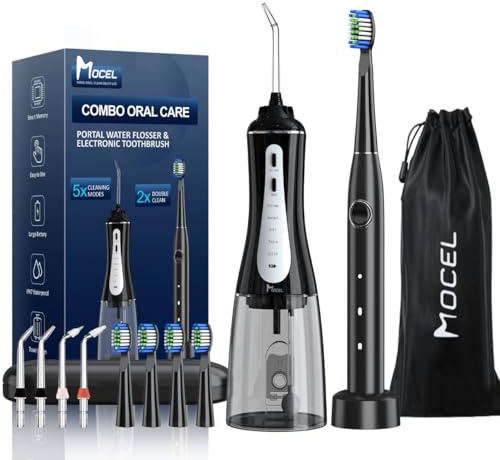 MOCEL Set di filo interdentale e spazzolino elettrico per la pulizia orale, portatile, per la pulizia dei denti, delle parentesi graffe e delle gengive