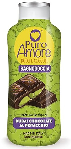 PURO AMORE Bagnoschiuma Dubai Chocolate al Pistacchio, 650ml,flacone, Profumo Intenso