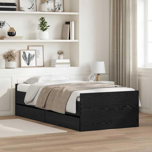 LoogCape Bettrahmen mit Schubladen, Schwarz Eichen-Optik, 90 x 190 cm, Massivholz Kiefer, Einzelbett mit Stauraum für Schlafzimmer