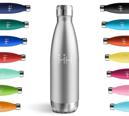 Gourde Isotherme 500ml, Bouteille Étanche, Gourde Inox Réutilisable, Double Paroi, Bouteille pour École, Sport, Bureau, Gym, Yoga, Camping