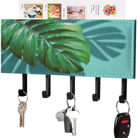 Jubonexis Green Palm Tree Leaves Wall Mount with 5 Hooks Acrylic Key Rack for Home Office Entryway