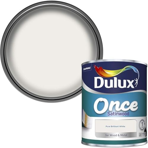 Dulux Once Satinwood Paint 750ml Pure Brilliant White – One Coat Wood & Metal Paint | Interior Satin Finish Paint for Doors Skirting Boards Radiators & Trim