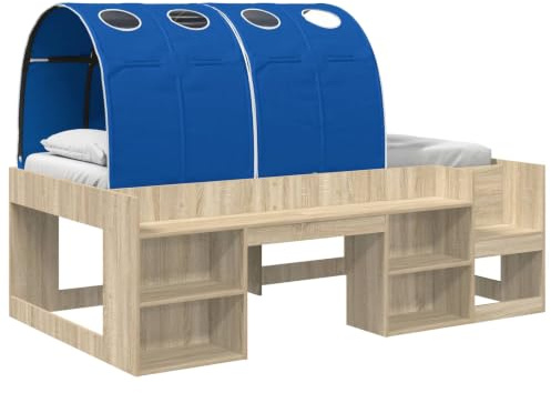 Yisssmeng Struttura letto a soppalco con tunnel, 3 pezzi, in rovere Sonoma, blu, 90 x 190 cm, in legno, salvaspazio, con scala, per camera degli ospiti e studi