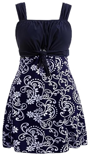 Wantdo Femme Maillot 1 Pièce Maillot de Bain Jupette Plage Push Up Amincissante Slim Cache Ventre Maillot avec Jupe Elégant Grande Taille Floral Tankini Porcelaine 40