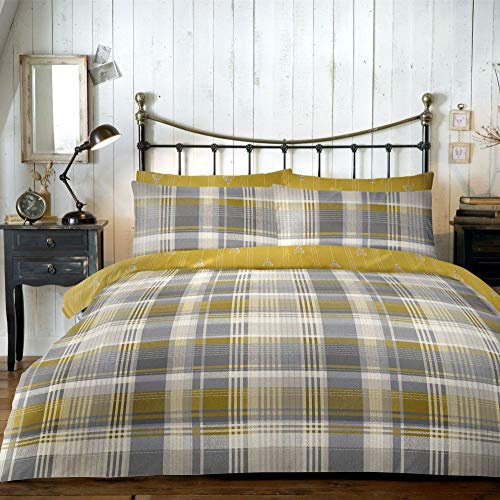 Dreams & Drapes Connolly Check-100% Brushed, Cotton, Ochre Yellow, Duvet Cover Set: King