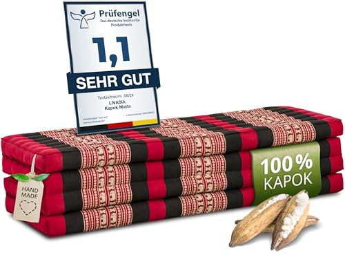 livasia Nachhaltige Klappmatratze Kapok XXL - 200x140x8cm - extrabreite Gästematratze, Faltbare Matratze doppel, ökologische Yogamatte, Gästebett klappbar, Liege Garten Balkon (Rot/Elefanten)