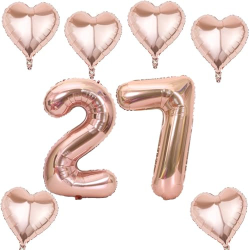 Roségold Zahlen Luftballon 27 +6 pcs herz Heliumballon 27. Geburtstag Deko für Frauen,40 Roségold Riesen Folienballon 27 für 27 Jahre Geburtstag deko, Helium Zahlenballon 27