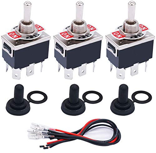 Taiss 3 Pezzi Interruttore a Levetta 3 Posizioni ON/OFF/ON 6 Terminale DPDT Interruttore a Bilanciere 16A 250V AC con Cappuccio impermeabile + cavi terminali da 6,3 mm TEN-1322MX-B203