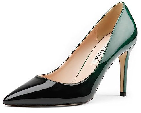 JOY IN LOVE Damen Pumps Schuhe Mittelabsatz Spitze Zehen Kleid Pumps Stilettos, Grün-Schwarz-Lack, 42.5 EU
