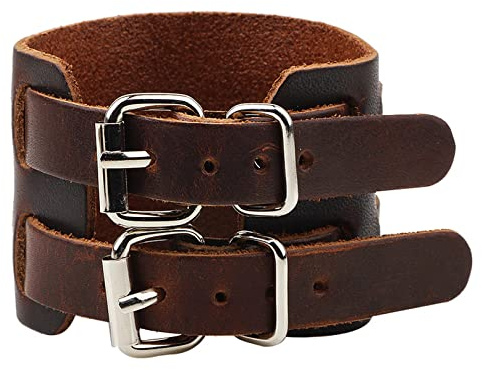 Thajaling Rindsleder Handgelenk Manschette Armband, breites Leder Doppelschnalle Armband, Mode Armband, Verstellbares Vintage-Armband für Damen Herren